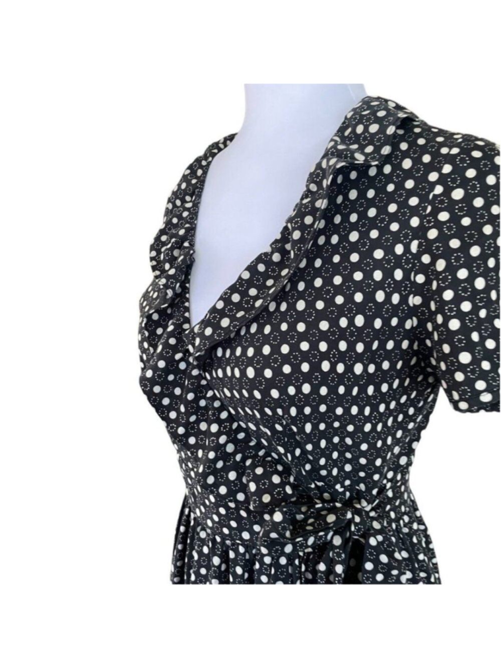J Crew Black Cream Polka Dot Silk Wrap Dress Medium - Picture 3 of 10